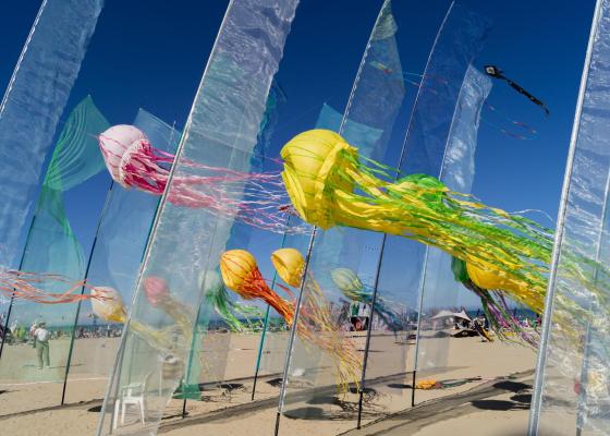 Festival de cerfs-volants en forme de méduses colorées sur la plage.